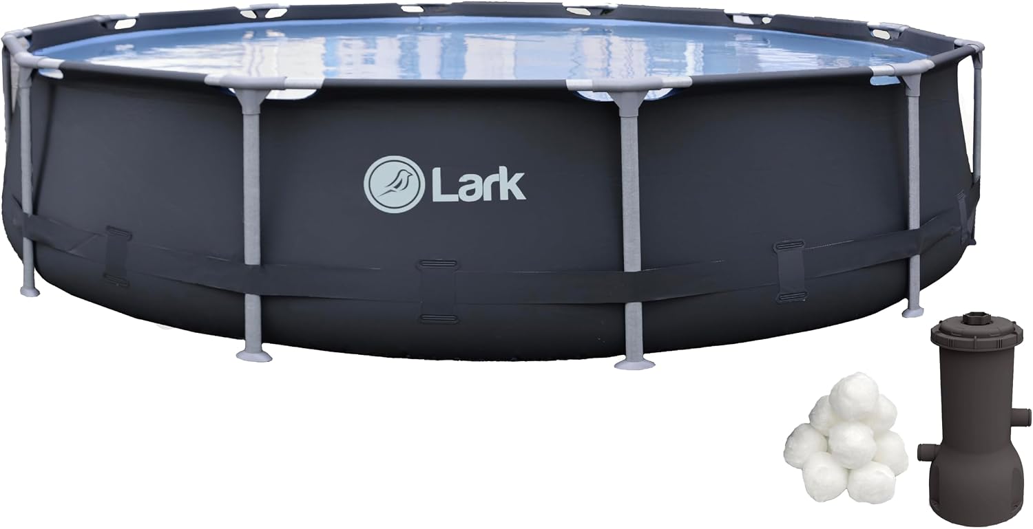Lark Rust Proof 12' ft. x 30' inch Fiber Glass Frame Above Ground Swimming Pool - Graphite Pool Color with 530 Gallon Filtration Pump System and Filter Ball Technology