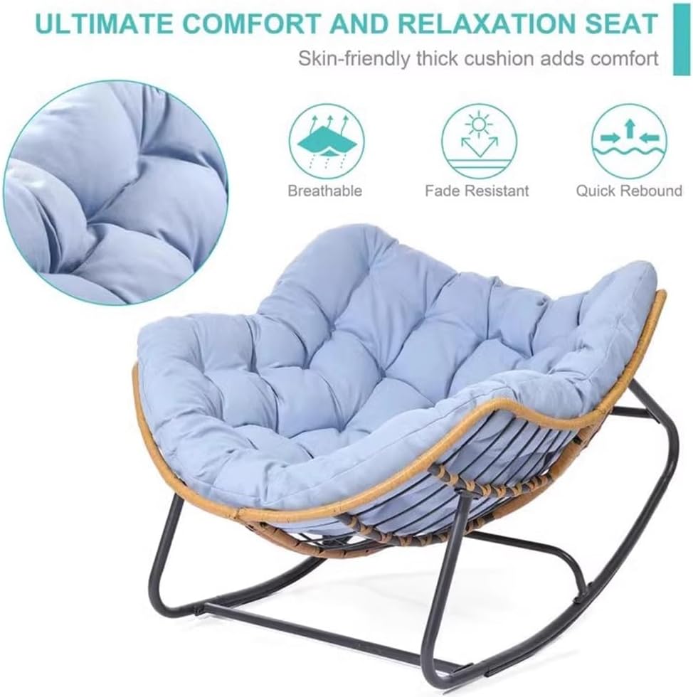 Etlegor Outdoor Patio Rocking Chair, Indoor Reading Chair with Cushion Rattan Wicker Lounge Chair for Living Room Front Porch Garden Balcony Lawn(Blue)