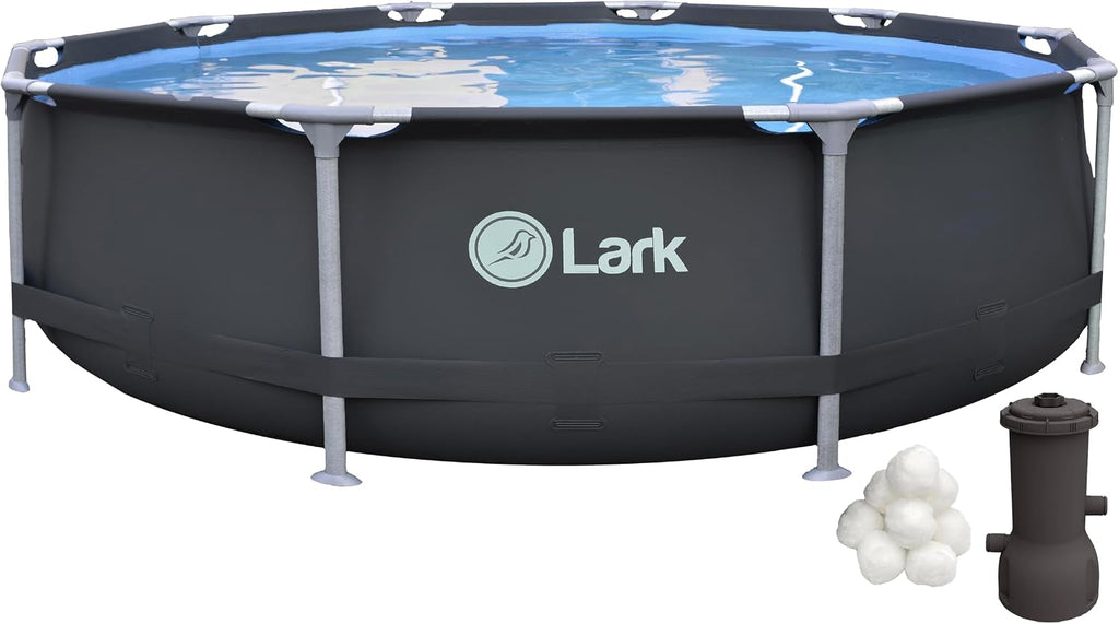 Lark Rust Proof 10' ft. x 30' inch Fiber Glass Frame Above Ground Swimming Pool - Graphite Pool Color with 530 Gallon Filtration Pump System and Filter Ball Technology