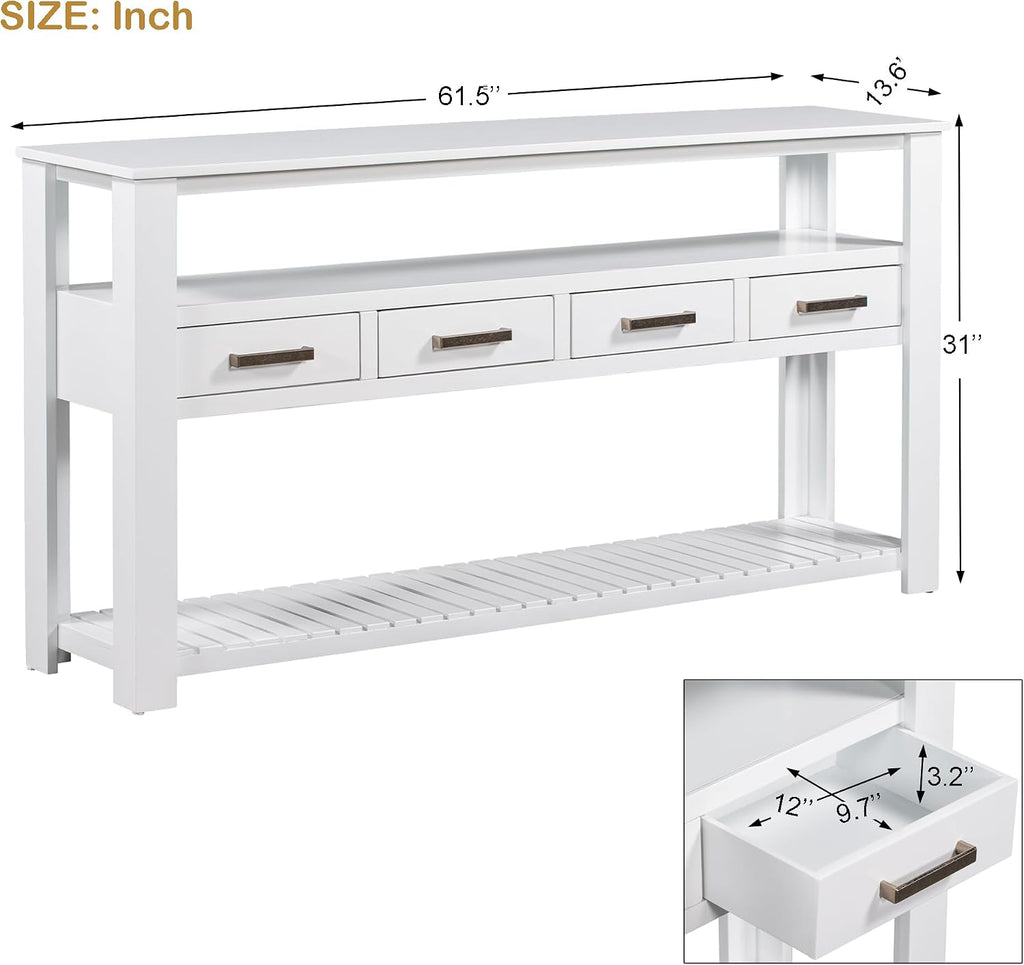 Modern Console Table Long Narrow 62-Inch Sofa Entry Table with Drawers & Open Shelves for Living Room Entryway, Easy Assembly (White)