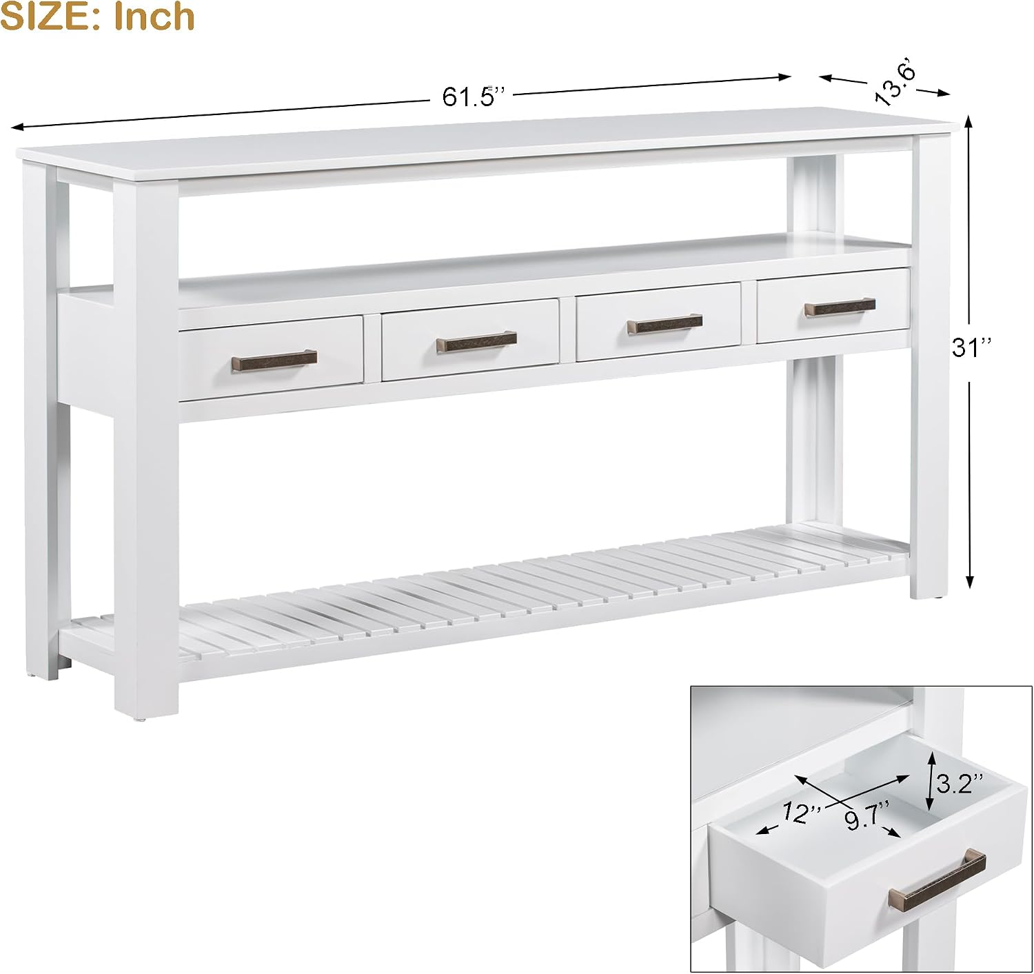 Modern Console Table Long Narrow 62-Inch Sofa Entry Table with Drawers & Open Shelves for Living Room Entryway, Easy Assembly (White)