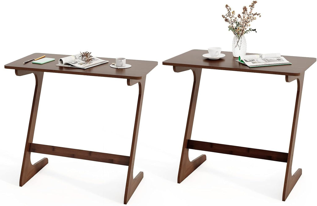 Giantex Bamboo TV Tray Table Set of 2, Z Shaped Sofa Couch Side Table for Eating Snacks Coffee Laptop, Modern TV Dinner Tables for Small Spaces, Small End Table for Living Room Bedroom, Walnut