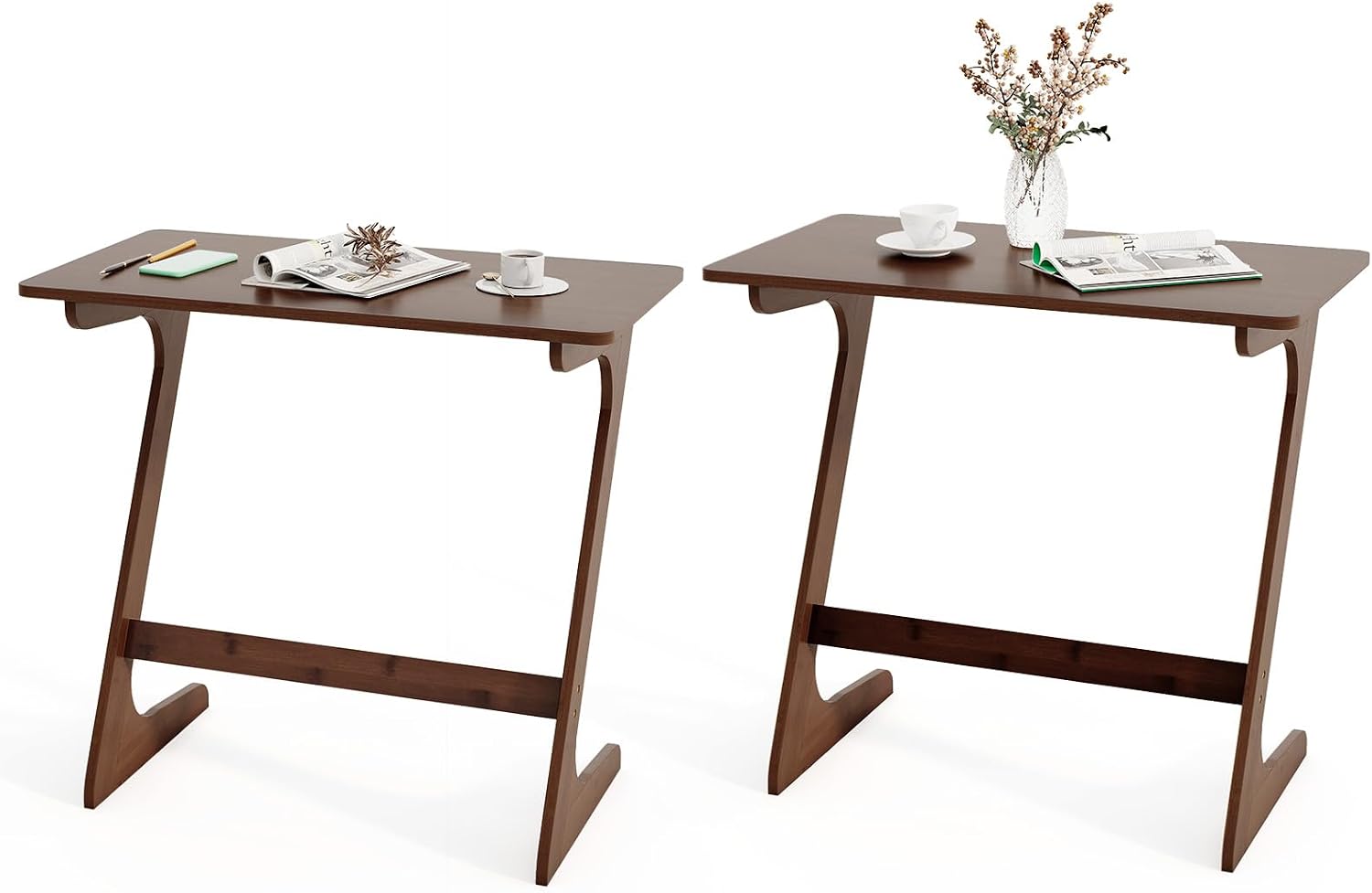 Giantex Bamboo TV Tray Table Set of 2, Z Shaped Sofa Couch Side Table for Eating Snacks Coffee Laptop, Modern TV Dinner Tables for Small Spaces, Small End Table for Living Room Bedroom, Walnut