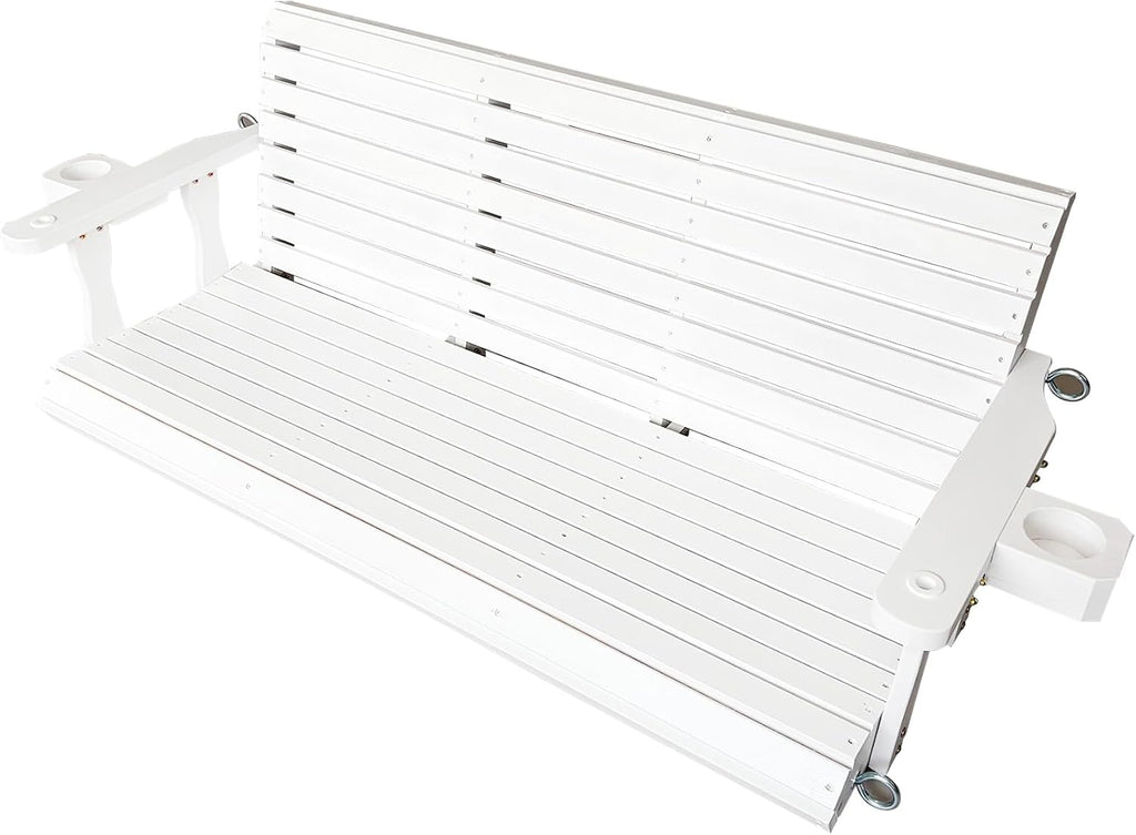 Wooden Porch Swing 3-Seater, High Backrest and Deep Seat, Bench Swing with Cupholders, Hanging Chains and 7mm Springs, Heavy Duty 880 LBS, for Outdoor Patio Garden (Pure White, 5 FT Extra Large)