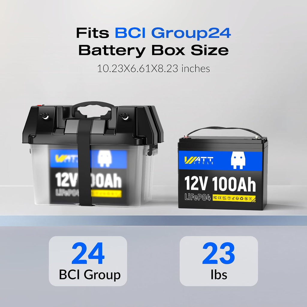 WattCycle 12V 100Ah LiFePO4 Lithium Battery 2 Pack - Built-in 100A BMS, BCI Group 24, 15000 Cycles, Low-Temperature Protection - Ideal for RVs, Golf Cart, Home Energy Storage, Marine (2 Pack)