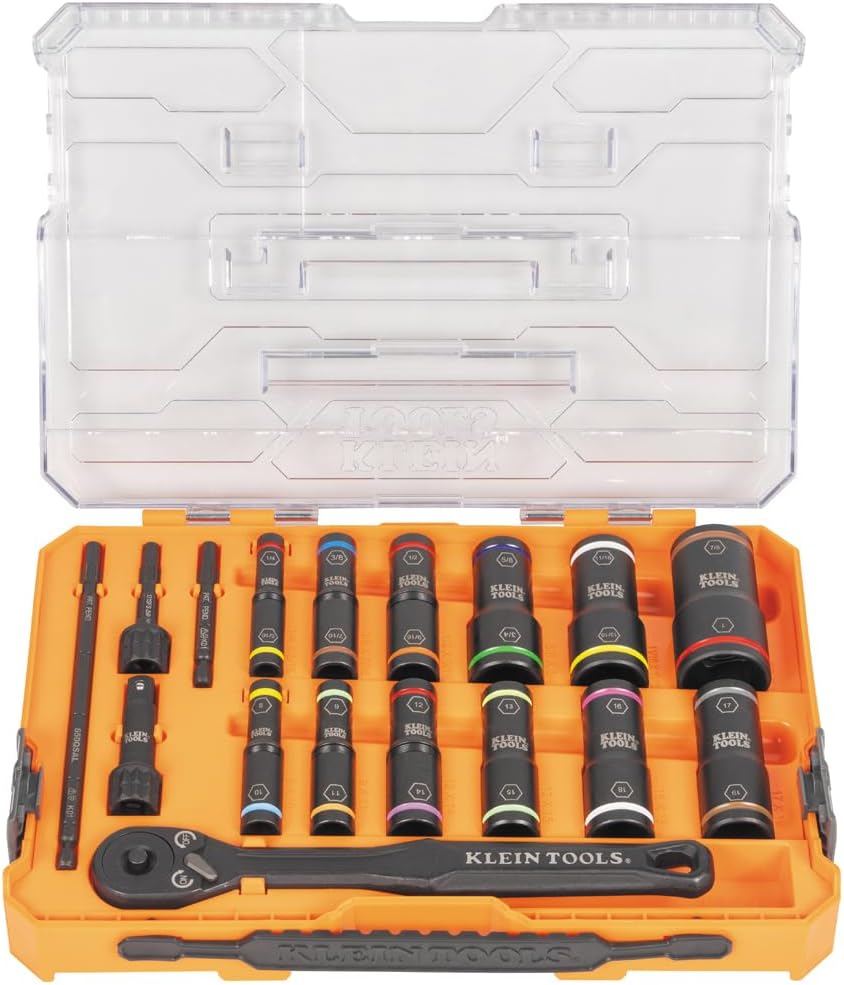 Klein Tools 65626 KNECT Deep Well Impact Socket Set, 3/8-Inch Drive Ratchet, 24 SAE and Metric Flip Socket Sizes, MODbox Case