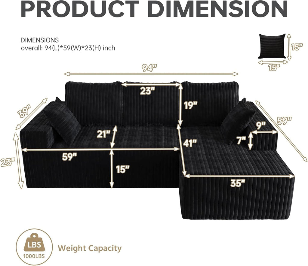 96' Modular Sectional Cloud Couch for Living Room Deep Seat L Shapes Boneless Couch with Oversized Chaise Lounge, Comfy Memory Foam Flannel Fabric Sofa for Bedroom Apartment, No Assembly Required