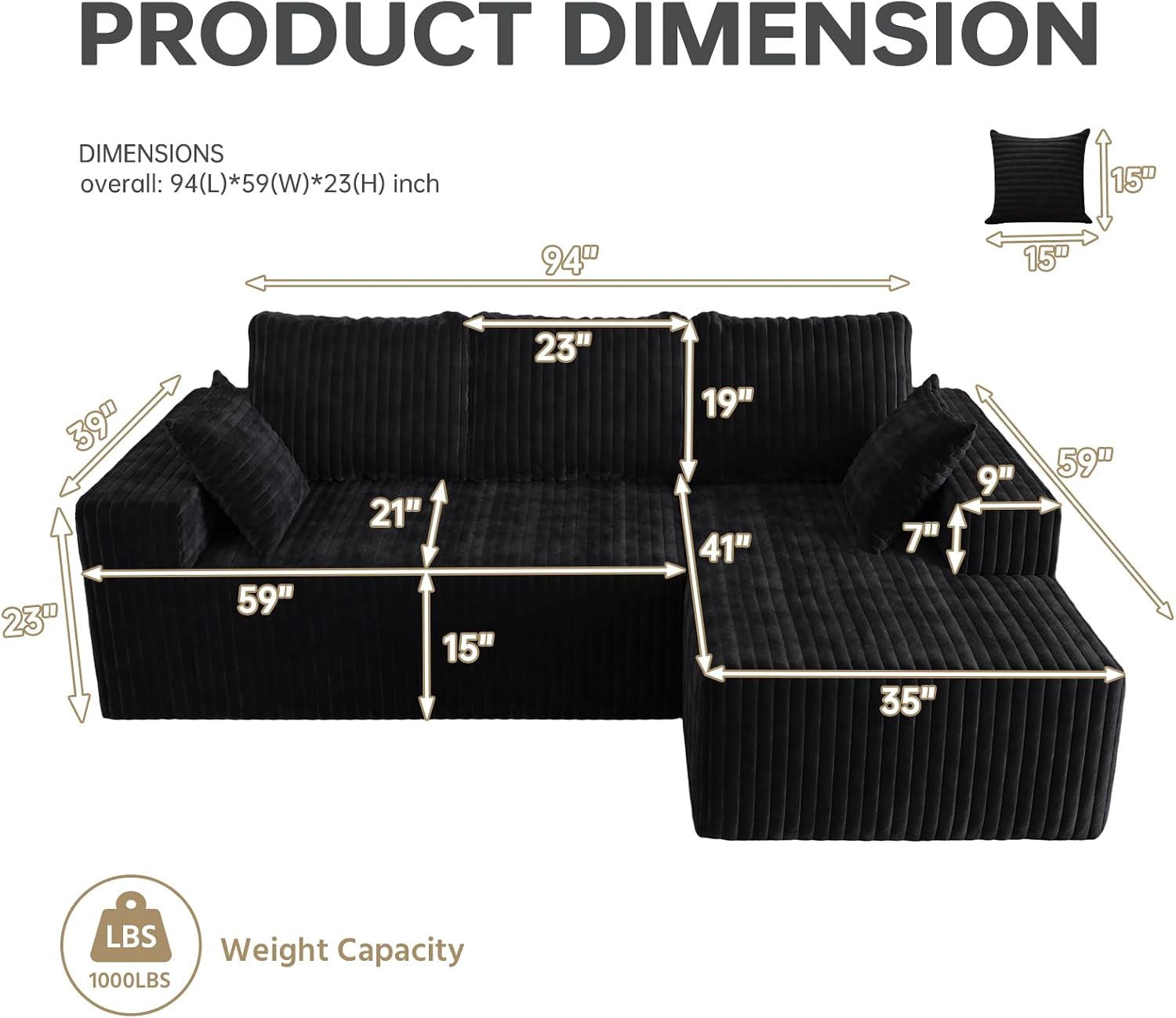 96' Modular Sectional Cloud Couch for Living Room Deep Seat L Shapes Boneless Couch with Oversized Chaise Lounge, Comfy Memory Foam Flannel Fabric Sofa for Bedroom Apartment, No Assembly Required