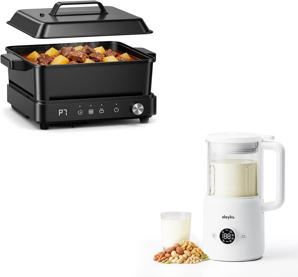 Induction Cooktop, Portable Induction Cooktop with 8L Cast Iron Cooking Pot and Cast Iron Pan& olayks.6 in 1 Automatic Nut Milk Maker, 20oz Soy Milk Maker Machine for Homemade Oat