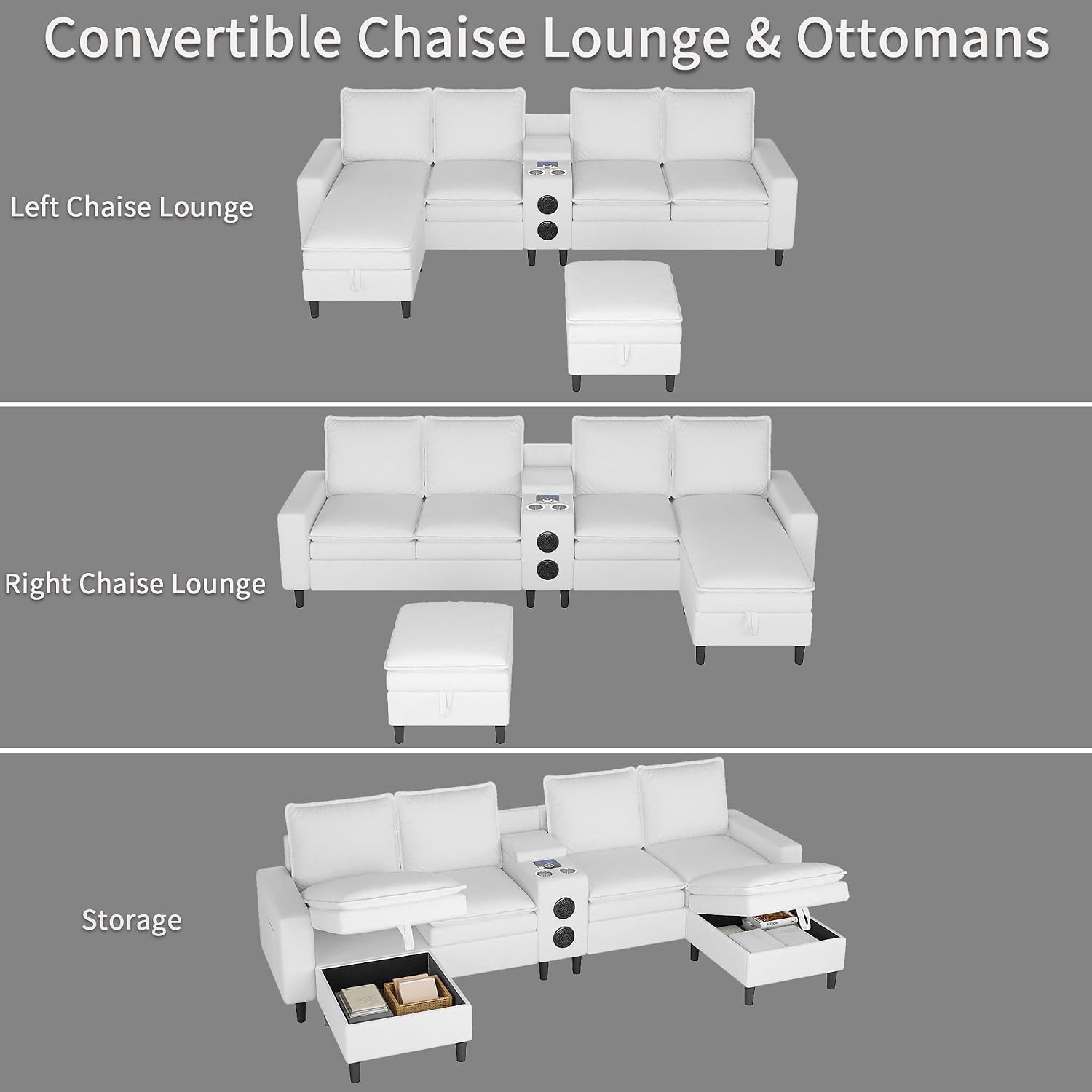Sectional Couches for Living Room, 4 Seat Sectional Sofa with Smart Module-Bluetooth Speaker/RGB Light/Charging Station, Teddy Fleece U Shaped Cloud Couch with Storage Ottoman (White)