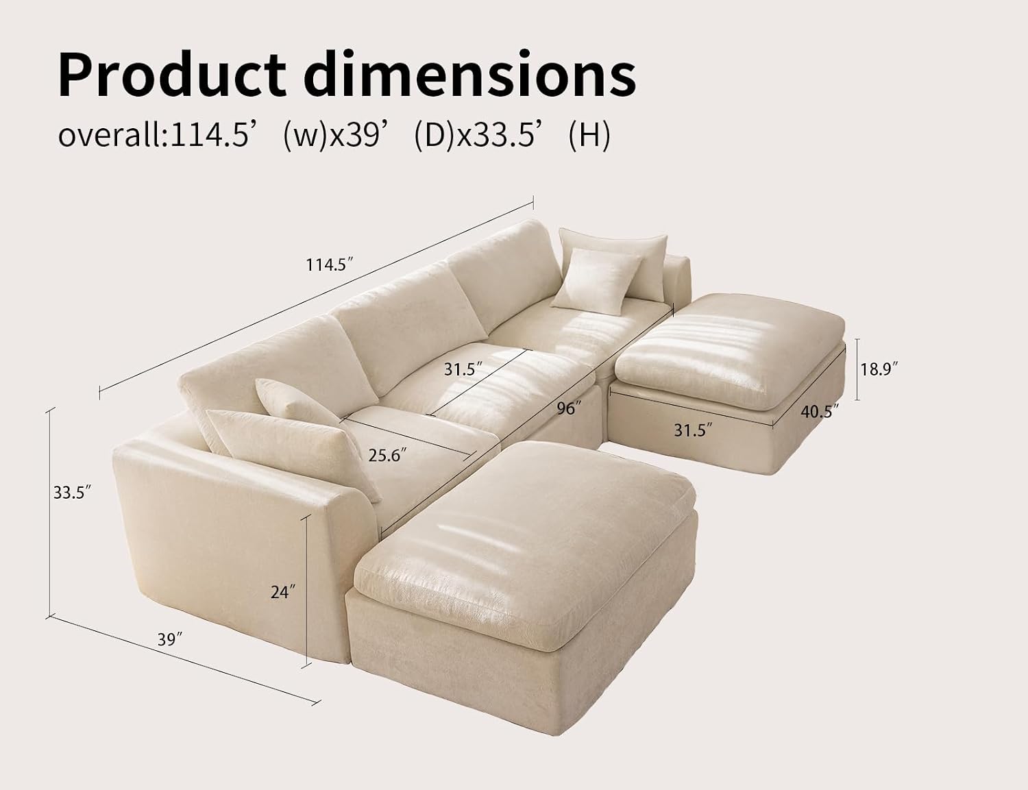 115' Modular Sectional Sofa, Modern Cloud Sectional Couch with Deep Seat, U Shape Boneless Couch for Living Room, No Assembly Required, Warm White(3 Seater + 2 Ottoman)