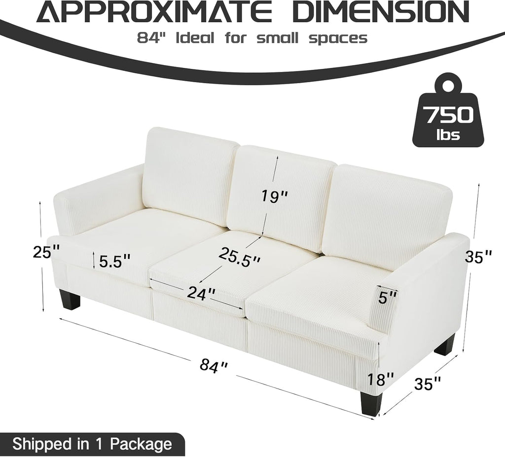 3 Seater Couch, 84' Comfy Corduroy Sofa with Deep Seat for Living Room, Modern Upholstered White Sofa Couches for Bedroom, Apartment and Office (Pillows Not Include)