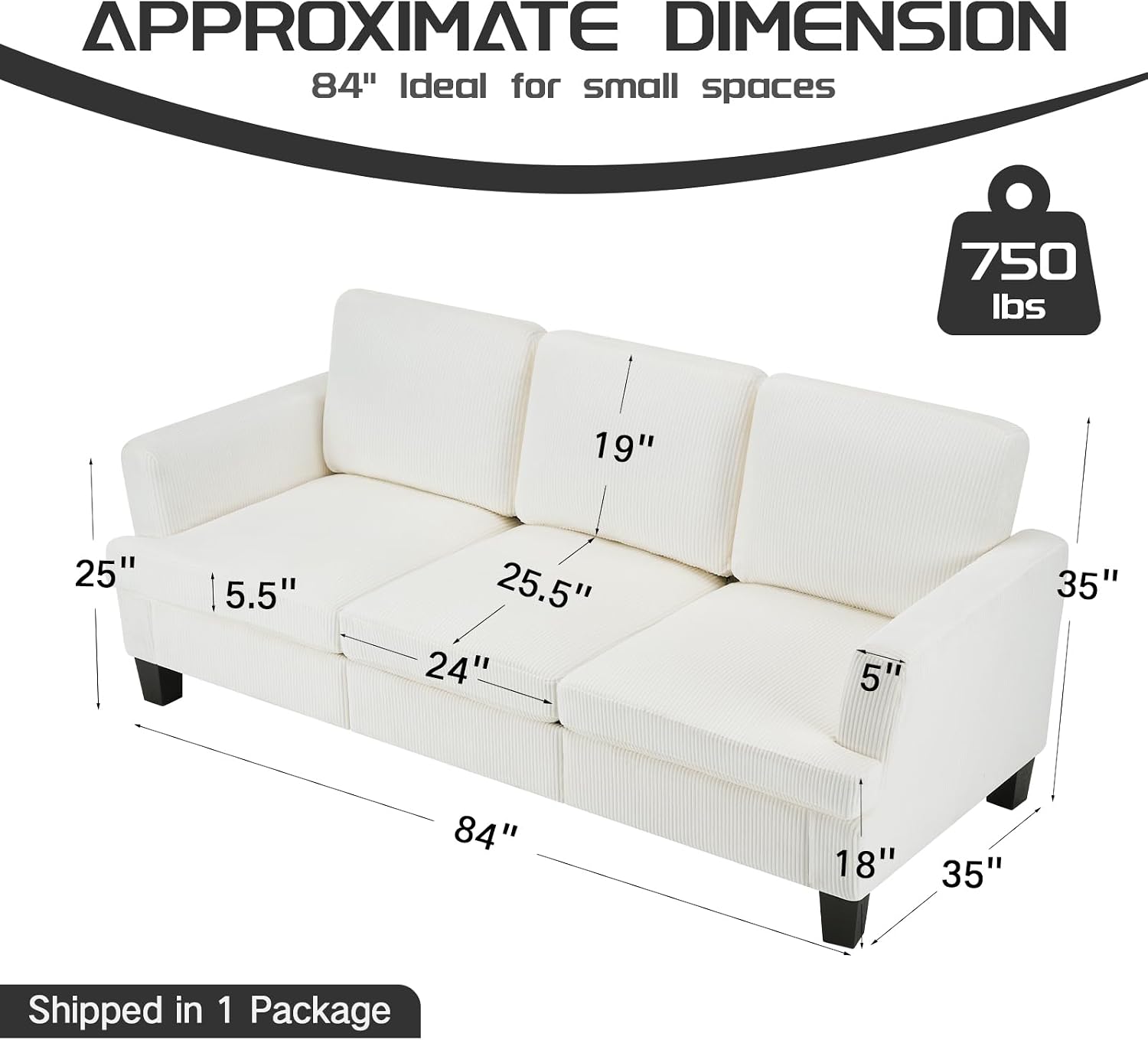 3 Seater Couch, 84' Comfy Corduroy Sofa with Deep Seat for Living Room, Modern Upholstered White Sofa Couches for Bedroom, Apartment and Office (Pillows Not Include)