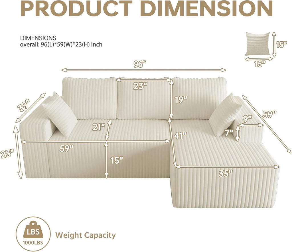 96' Modular Sectional Cloud Couch for Living Room Deep Seat L Shapes Boneless Couch with Oversized Chaise Lounge, Comfy Memory Foam Flannel Fabric Sofa for Bedroom Apartment, No Assembly Required