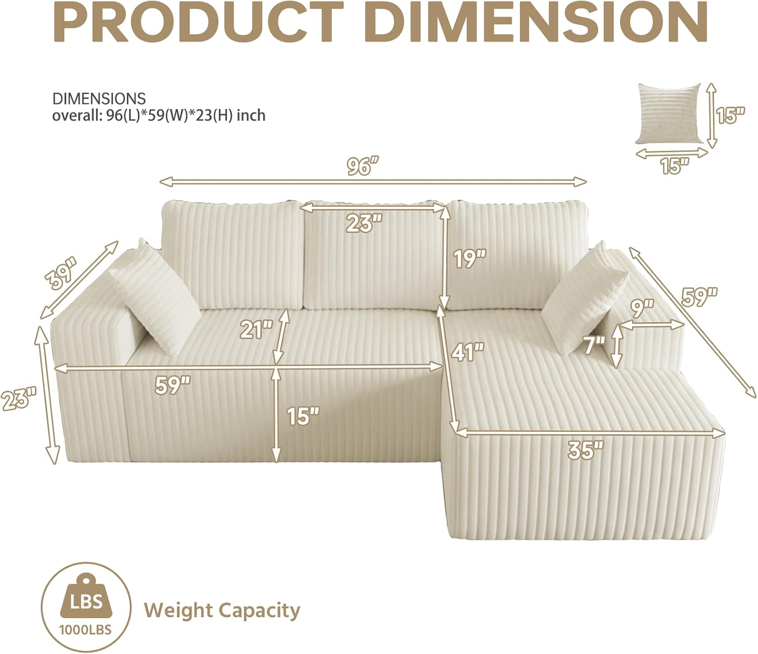 96' Modular Sectional Cloud Couch for Living Room Deep Seat L Shapes Boneless Couch with Oversized Chaise Lounge, Comfy Memory Foam Flannel Fabric Sofa for Bedroom Apartment, No Assembly Required