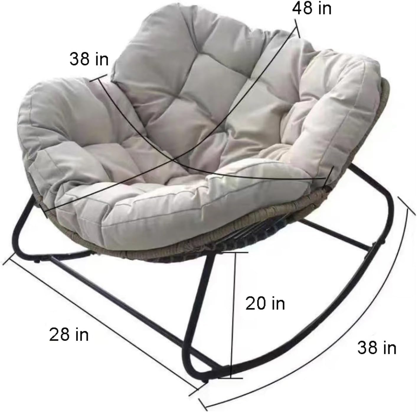 Patio Rocking Outdoor Papasan with Cushion Padded, Indoor Oversized Rattan Wicker Lounge Chair, Egg Rocking Rocker Metal Frame Large Supports Modern Chair