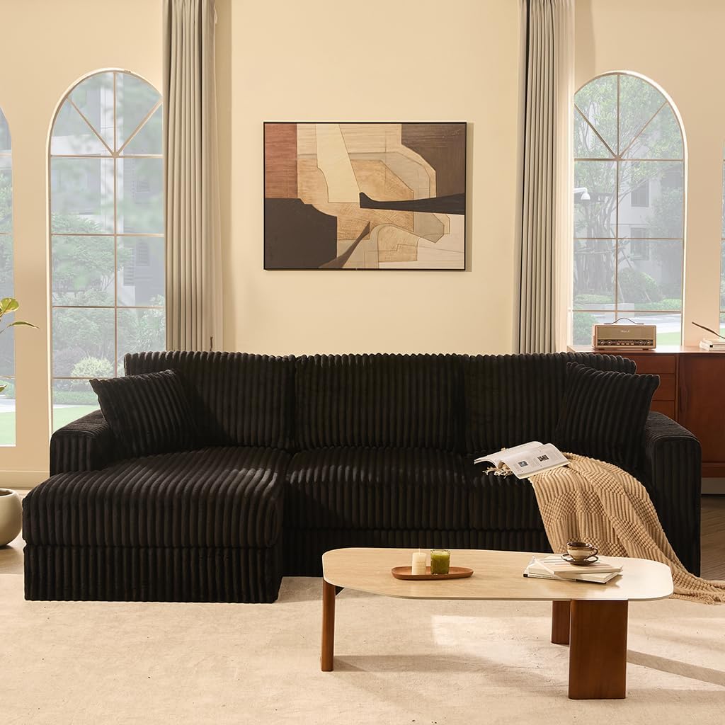 Cloud Couch 113' L-Shaped Couch (Not Boneless), 3-Seater Modular Sectional Couch, Queen Sofa with Corduroy Upholstery, Deep Seats, High Backrest & Pocket Spring Cushions, Left Facing Chaise, Black