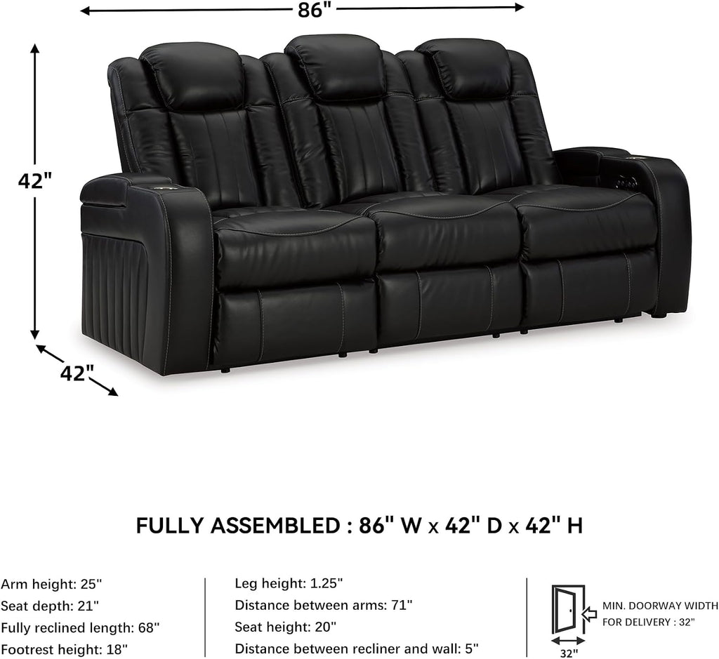Signature Design by Ashley Caveman Den Modern Faux Leather Power Reclining Sofa with Adjustable Headrest, Drop Down Table, Electrical Outlets and LED Reading Lights, Black