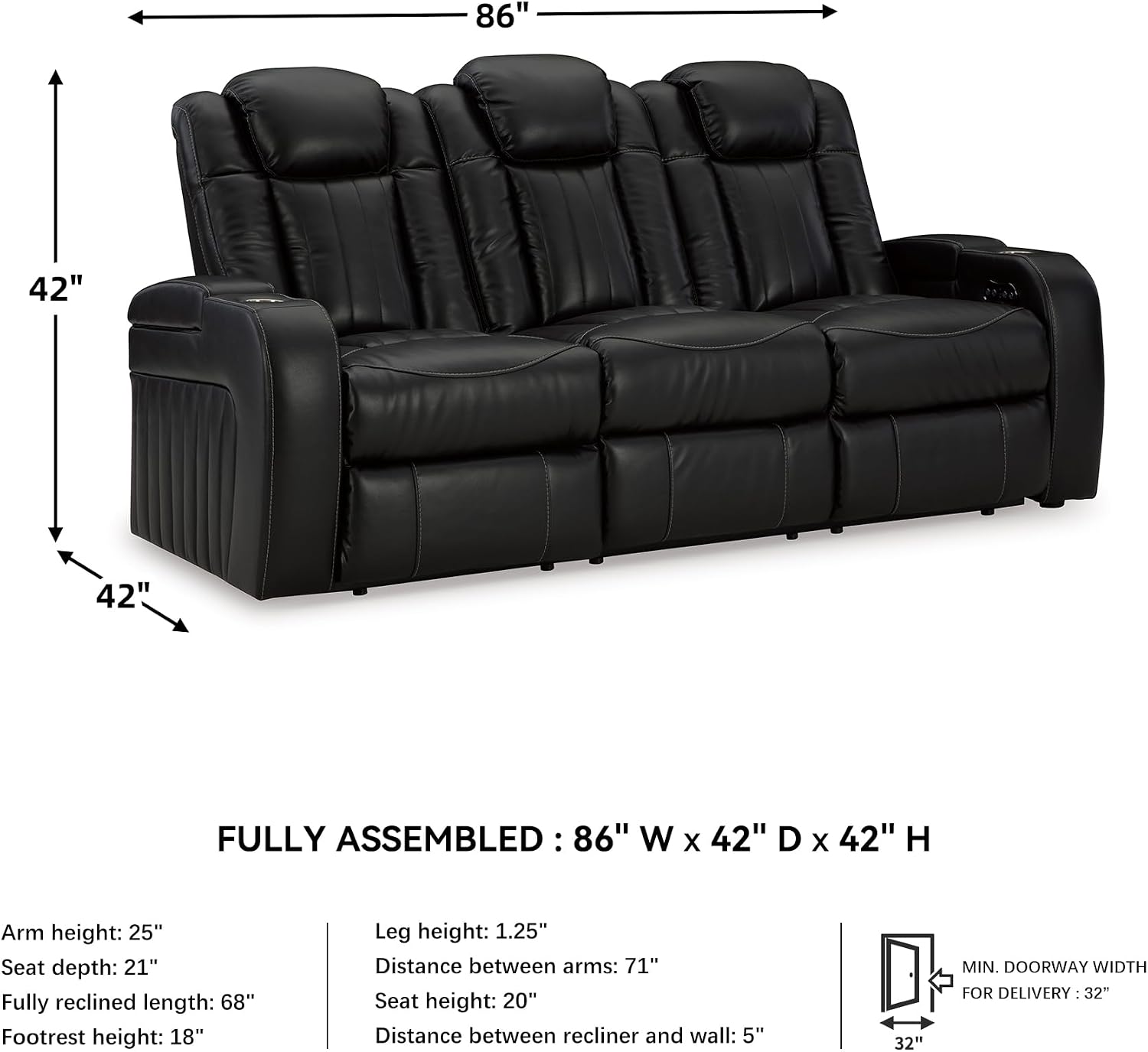 Signature Design by Ashley Caveman Den Modern Faux Leather Power Reclining Sofa with Adjustable Headrest, Drop Down Table, Electrical Outlets and LED Reading Lights, Black