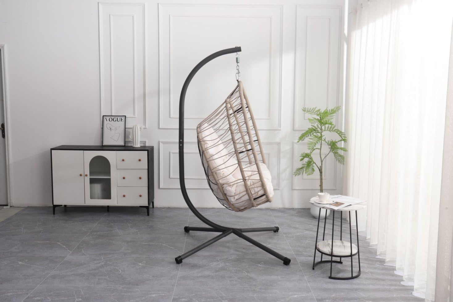 Outdoor Egg-Shaped Hanging Chairs with Stand, 350LBS Capacity Hammock Swing Chair for Patio Garden Balcony Bedroom, Foldable Rocking Chair with Removable Cushion(Beige Gray+White)