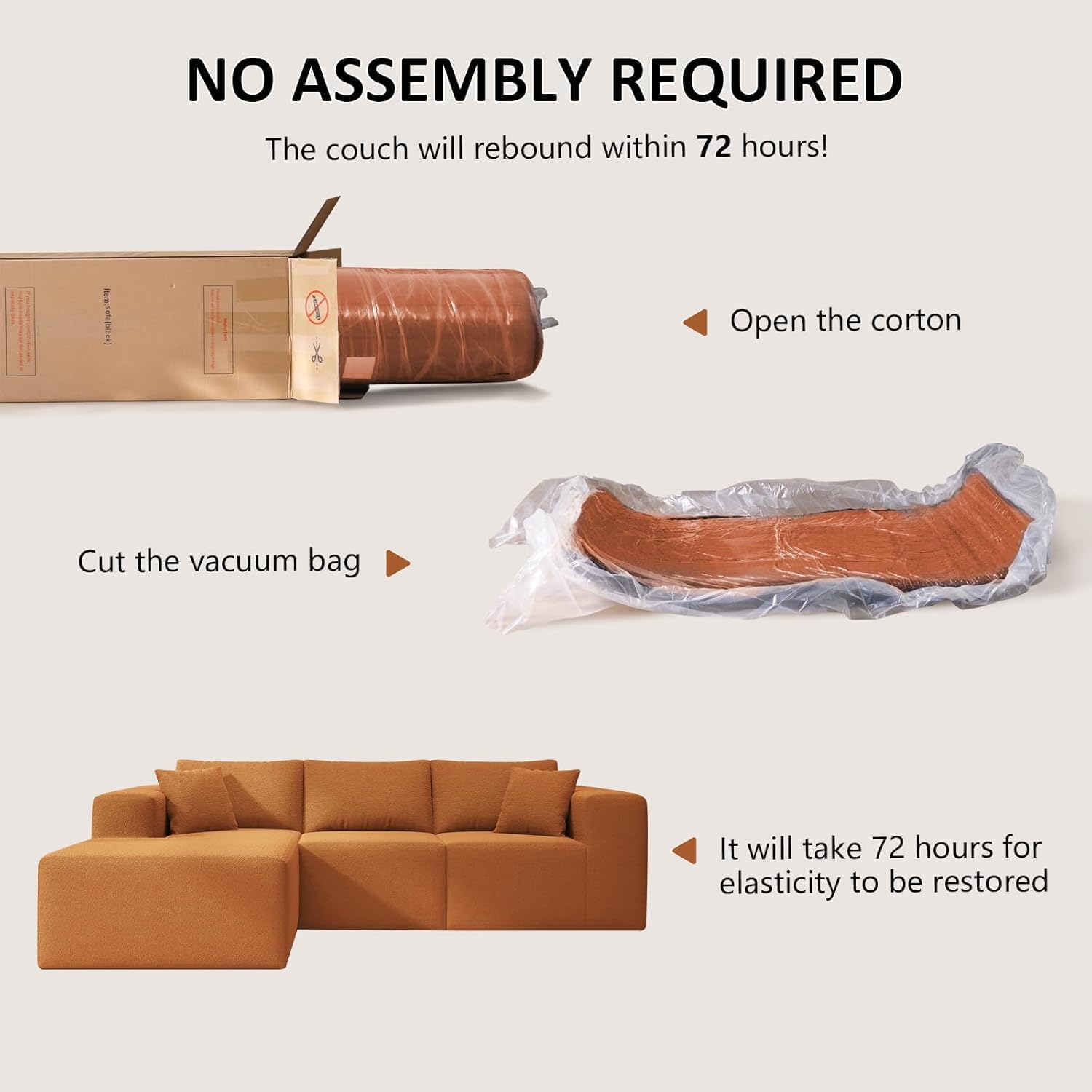108' Orange Boneless Cloud Couches for Living Room L Shapes Sectional Sofa with Chaise Lounge, Comfy Teddy Fabric Memory Foam Couch Including Throw Pillow and Backrest - Removable Washable