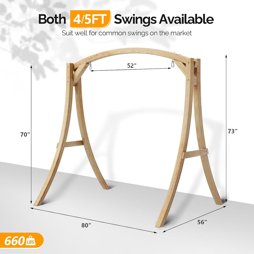 VINGLI 6.7FT Porch Swing Frame, 1000LBS Heavy Duty A-Frame Wooden Porch Swing Stand with Curved Arc Top for 5FT Porch Swing, Large Swing Hanger for Garden, Patio, Backyard & Indoor, Natural