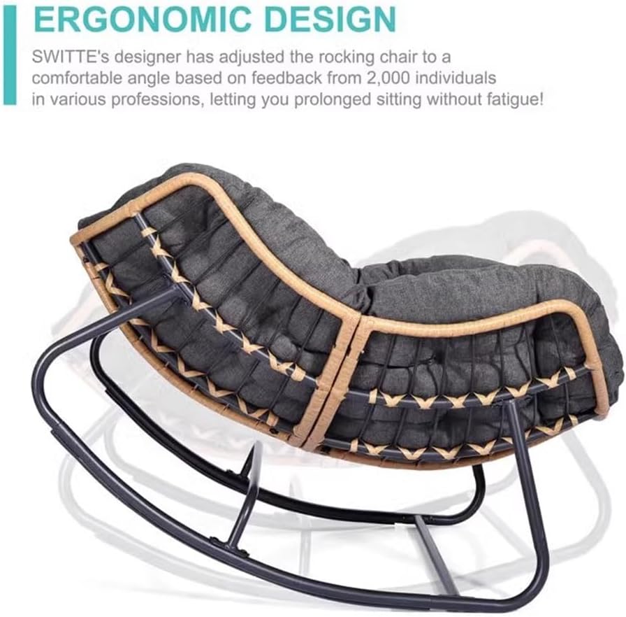 Etlegor Outdoor Patio Rocking Chair, Indoor Reading Chair with Cushion Rattan Wicker Lounge Chair for Living Room Front Porch Garden Balcony Lawn(Light Grey)