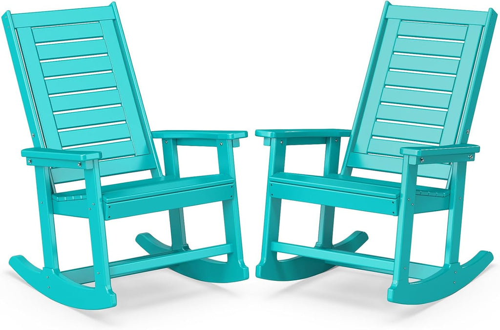 BRIOPAWS Outdoor Rocking Chairs Set of 2 | HDPE Plastic | Porch Rockers | Aqua | Oversized | Patio Rocker Chair | High Back | for Big Man | Weather Resistant | for Outside Deck Balcony Front Backyard