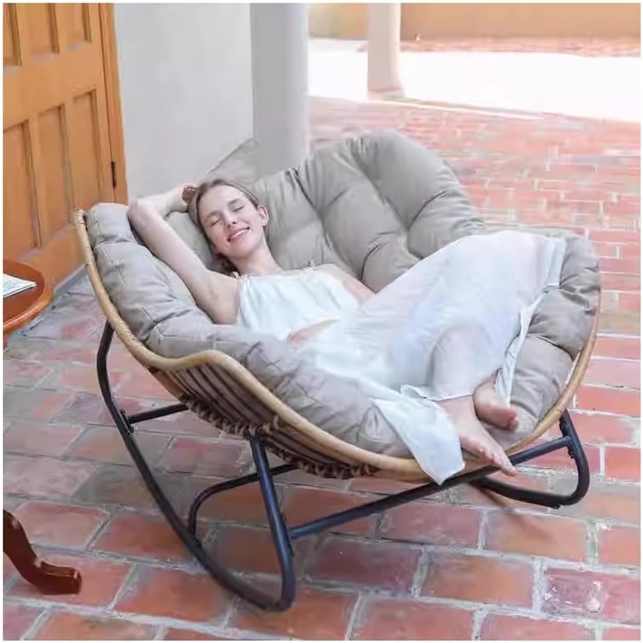 Etlegor Outdoor Patio Rocking Chair, Indoor Reading Chair with Cushion Rattan Wicker Lounge Chair for Living Room Front Porch Garden Balcony Lawn(Light Grey)