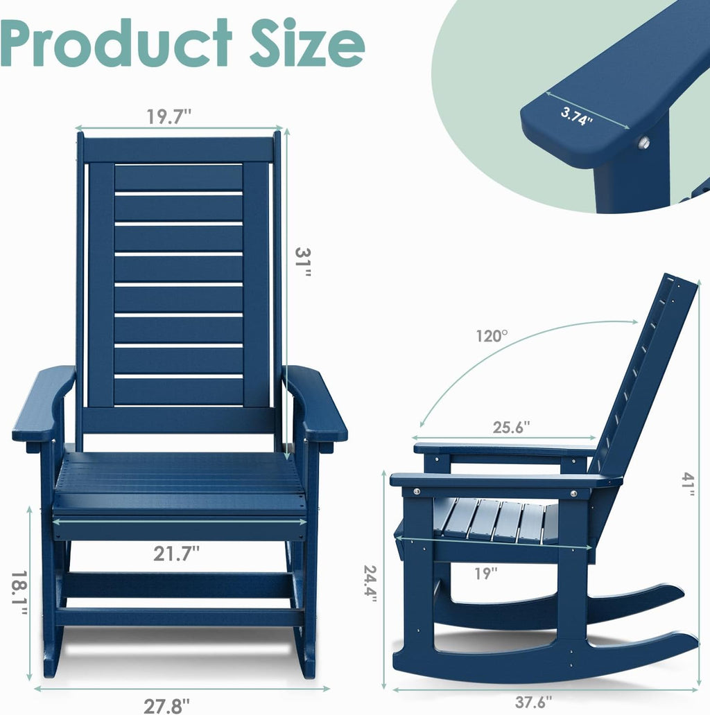 IVY&LANE Outdoor Rocking Chairs Set of 2 | Porch-Rockers | Blue | HDPE Plastic | All-Weather | High Back | Wide Seat | Oversized Patio Rocker for Adult | for Outside Deck Balcony Garden