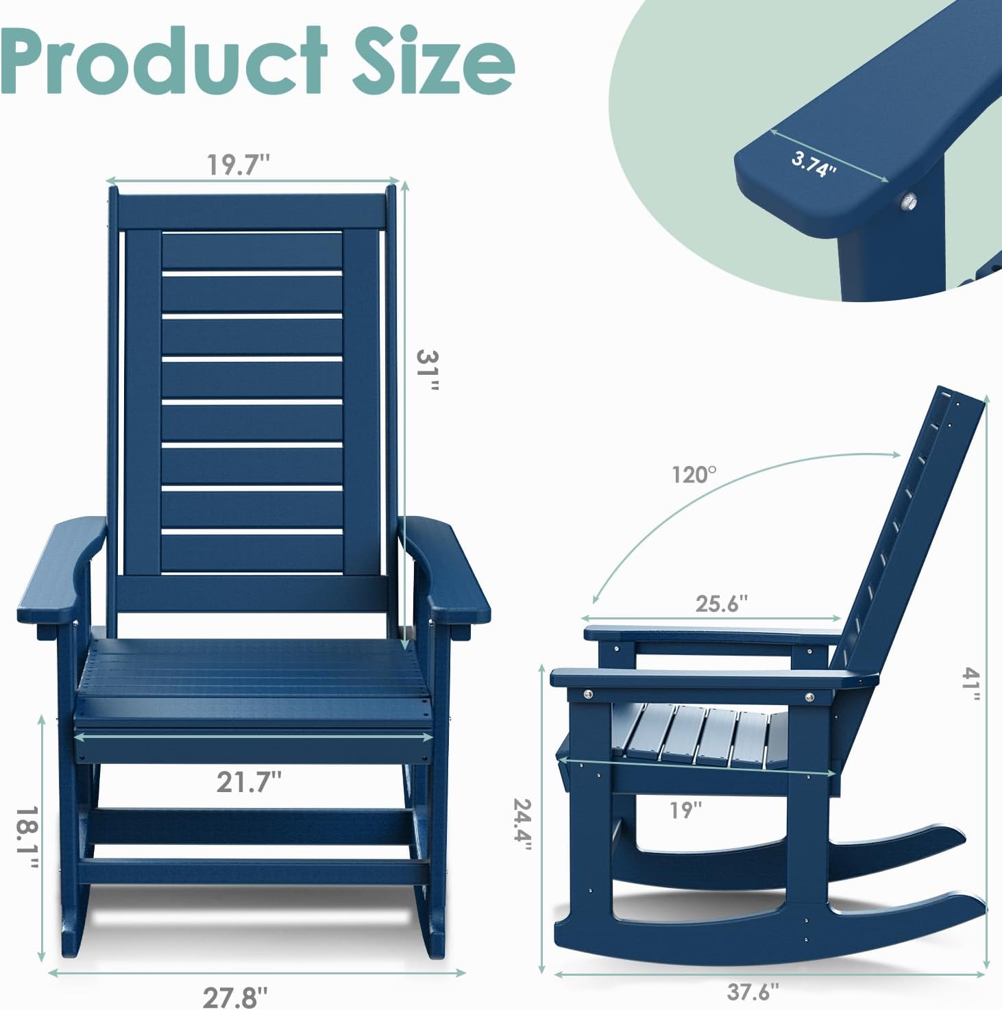 IVY&LANE Outdoor Rocking Chairs Set of 2 | Porch-Rockers | Blue | HDPE Plastic | All-Weather | High Back | Wide Seat | Oversized Patio Rocker for Adult | for Outside Deck Balcony Garden