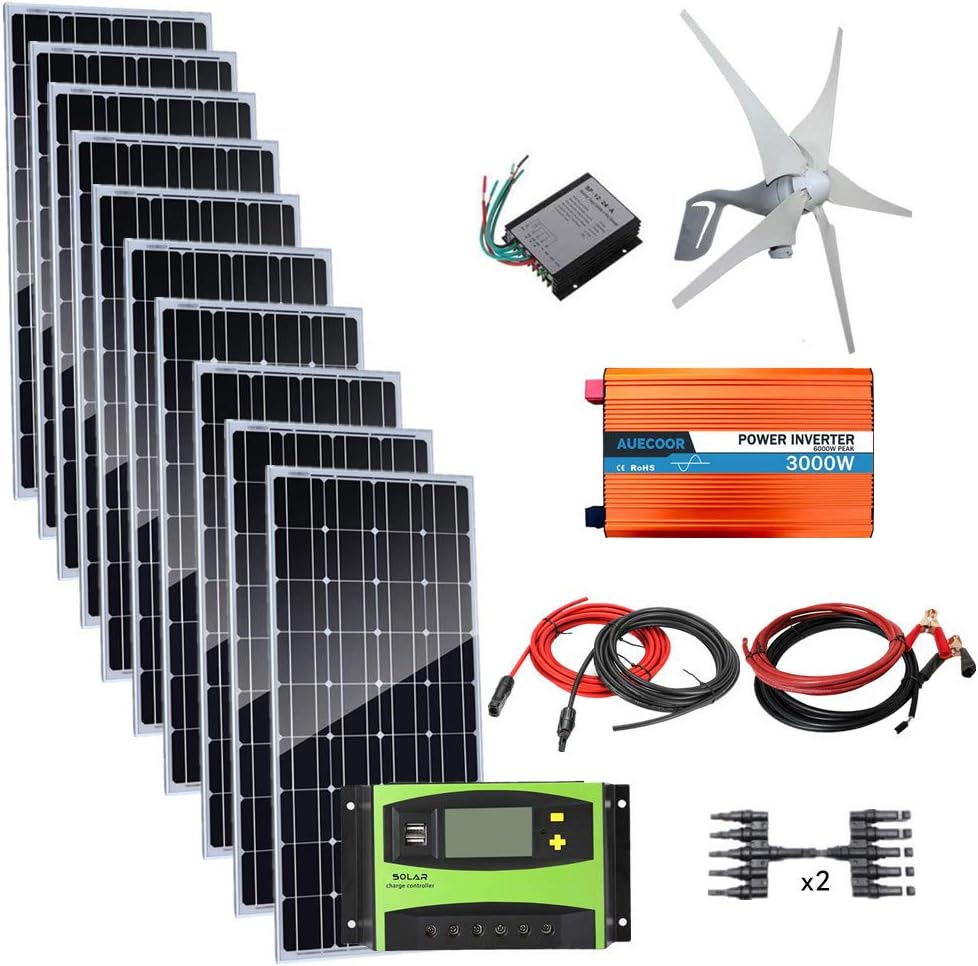 1.4Kw Wind Solar Power: 10pcs 100W Mono Solar Panels & 400W Wind Turbine Generator & 3000W Off Grid Inverter & Cable Connector& Accessories Home Boat RV