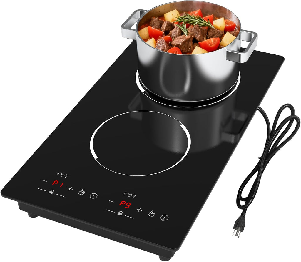 Double Induction Cooktop, WABK 2300W 2 burner Induction Cooker Cooktop, 110V Countertop & Built-in Electric Cooktop with Hot Plate, LED Touch Screen & 9 Power Levels, 2-Hour Timer and Child Lock