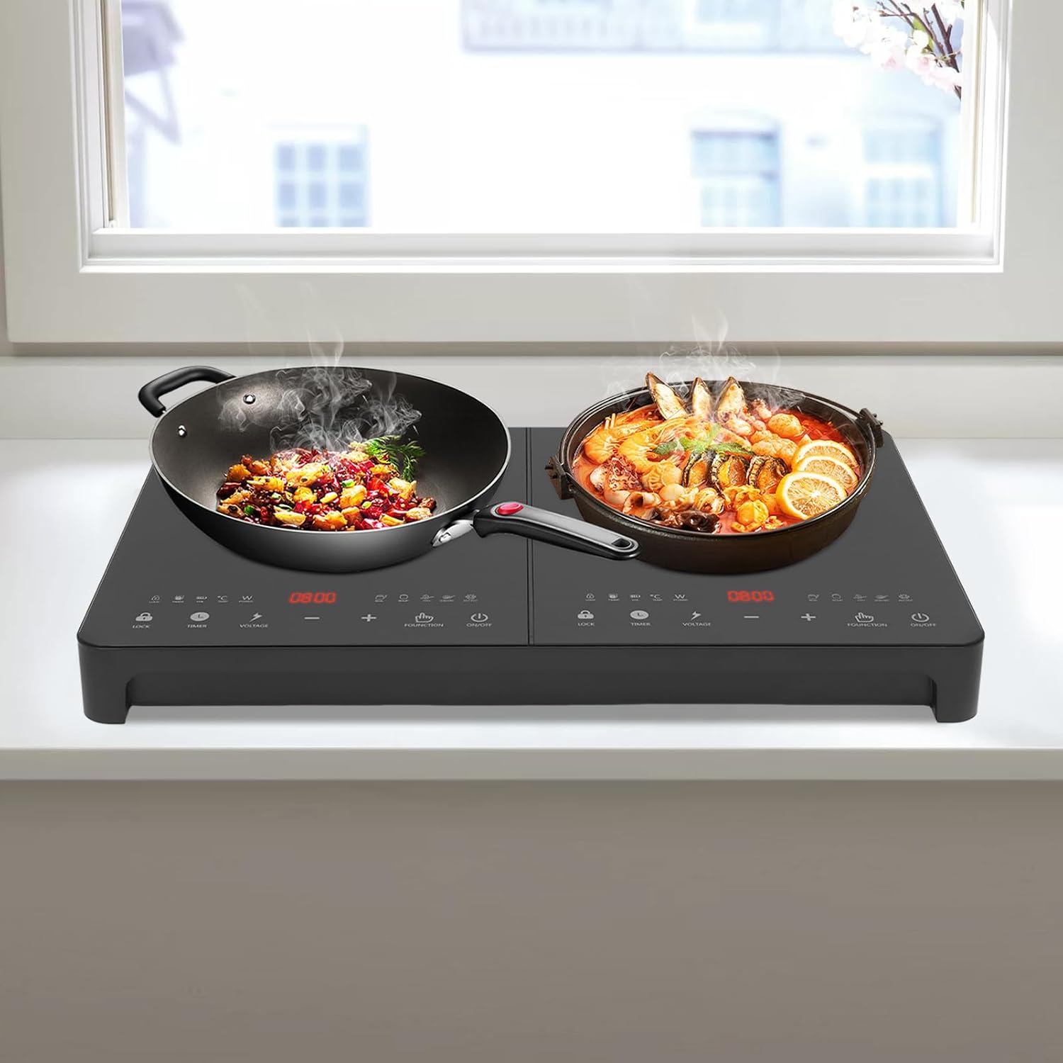 Double Induction Cooktop 110V 4000W Electric Burner 2 Burner Hot Plate LED Sensor Touch Induction Stove with Child Safety Lock Overload Protection, Adjustable Temperature and Timer Functions