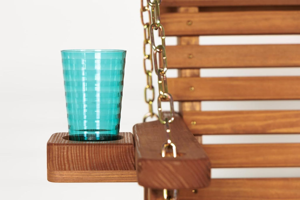 Amish Casual Heavy Duty 700 Lb Capacity Porch Swing with Cup Holders (5 Foot, Cedar Stain) – Wooden Outdoor Roll Back Swing with Hanging Chains – Amish Made in the USA