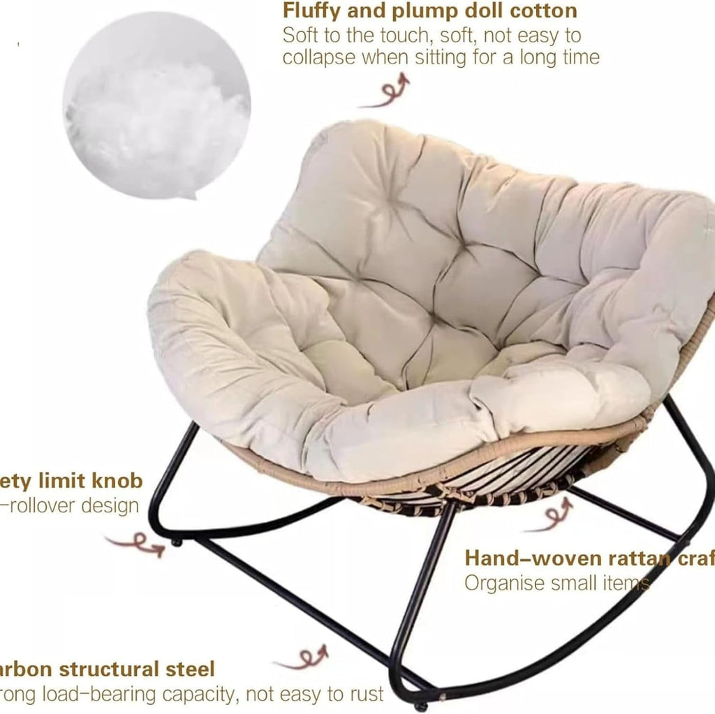Patio Rocking Outdoor Papasan with Cushion Padded, Indoor Oversized Rattan Wicker Lounge Chair, Egg Rocking Rocker Metal Frame Large Supports Modern Chair