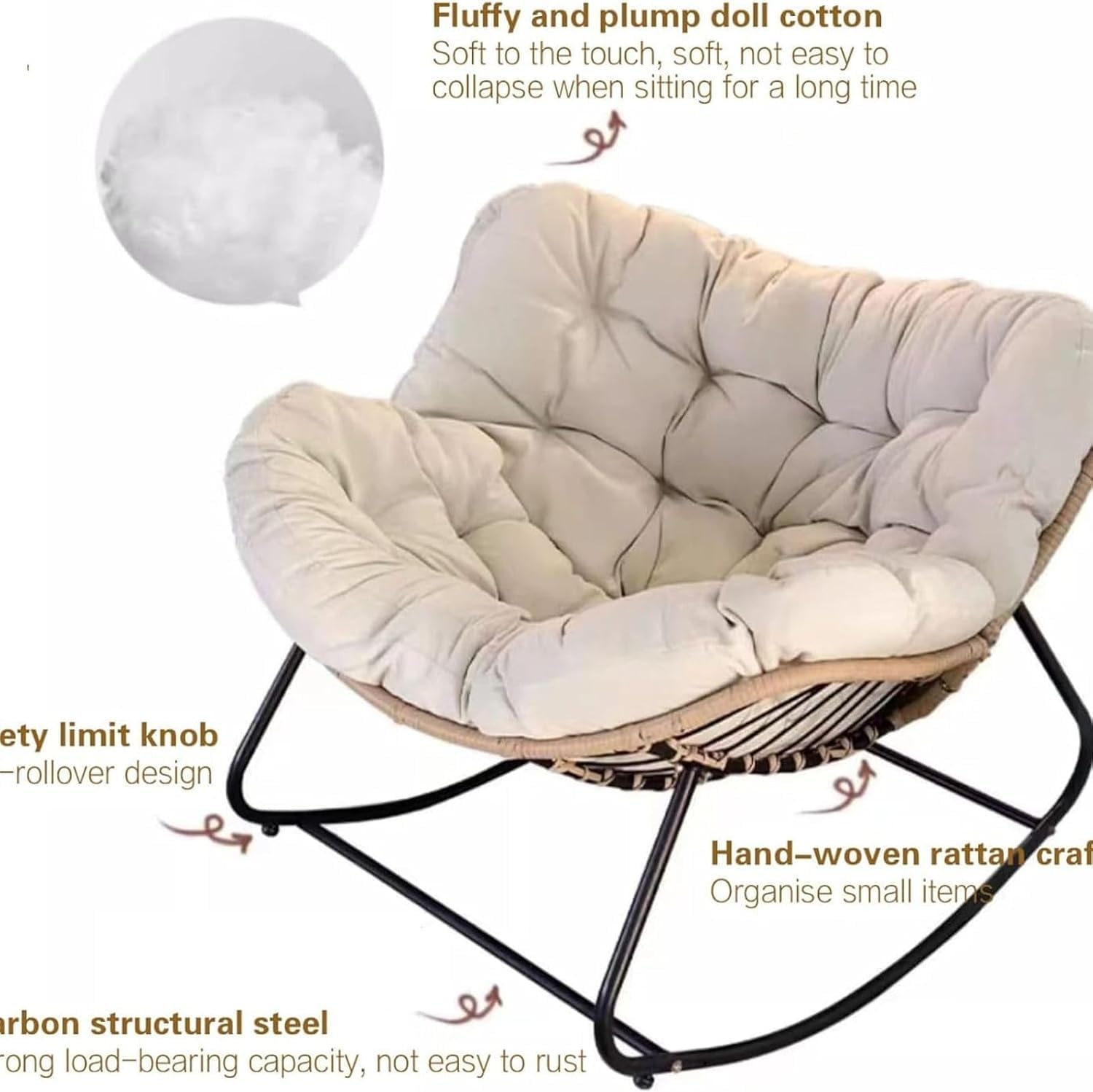 Patio Rocking Outdoor Papasan with Cushion Padded, Indoor Oversized Rattan Wicker Lounge Chair, Egg Rocking Rocker Metal Frame Large Supports Modern Chair