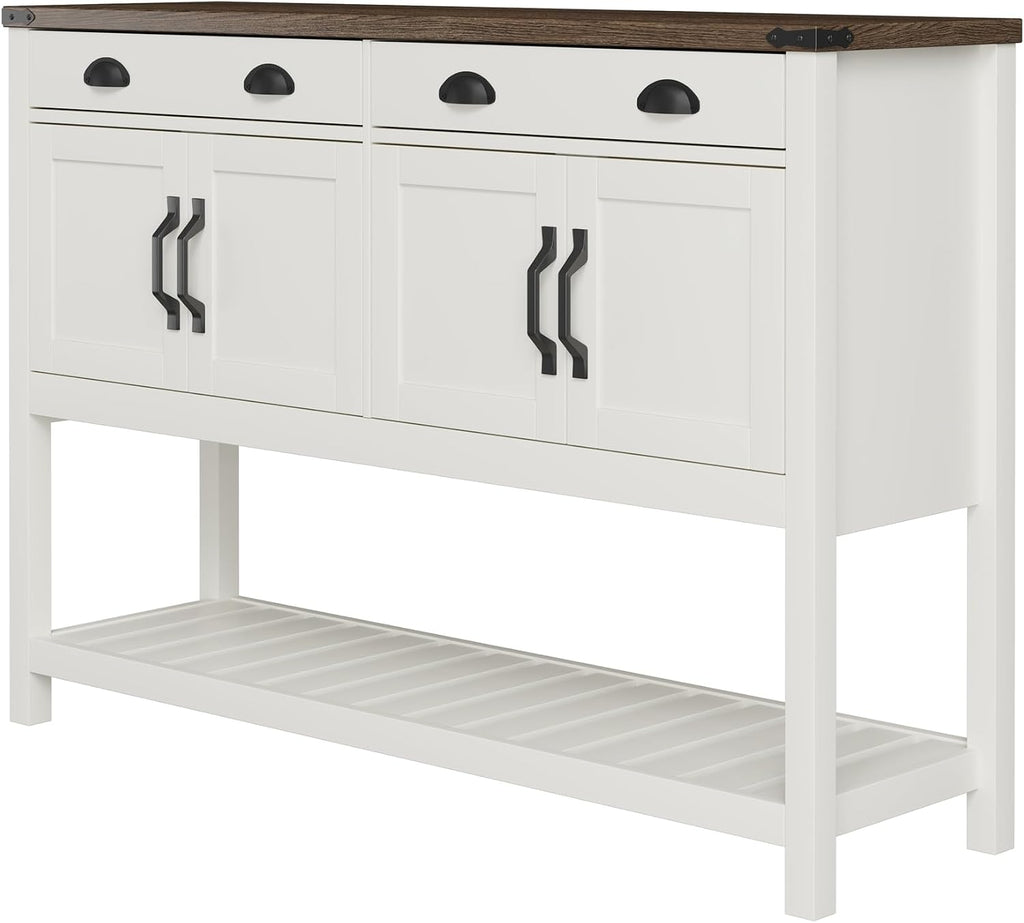 ChooChoo 47' Farmhouse Console Table with Storage, Rustic Entryway Table with Drawers & Doors, Narrow Long Sofa Table for Living Room, Hallway, Behind Couch, Soft White and Brown