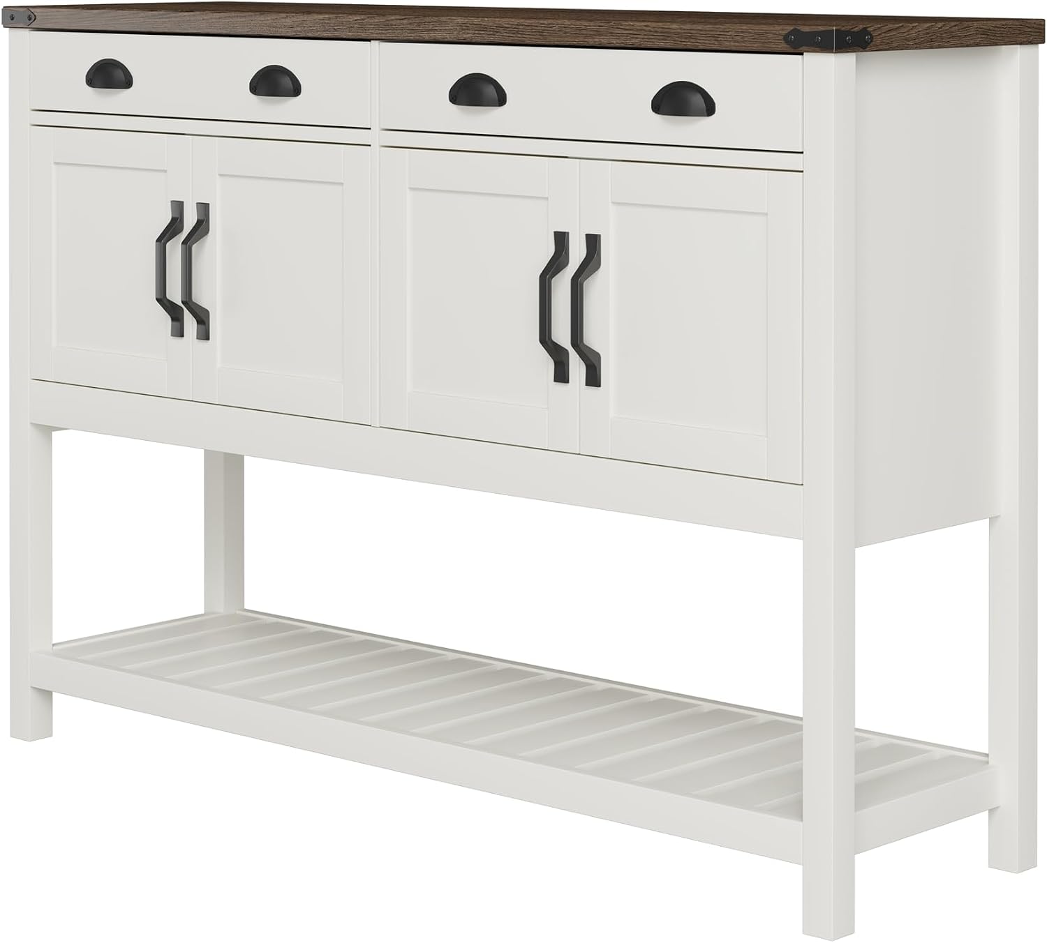 ChooChoo 47' Farmhouse Console Table with Storage, Rustic Entryway Table with Drawers & Doors, Narrow Long Sofa Table for Living Room, Hallway, Behind Couch, Soft White and Brown