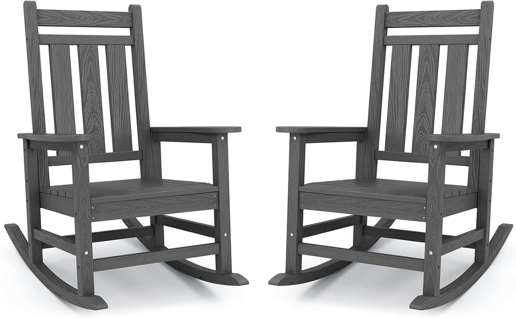KINGYES Oversized Outdoor Rocking Chair Set of 2, All-Weather Patio Rocking Chairs for Porch, HDPE Outdoor Patio Rockers with High Back & Wide Seat for Garden, Lawn, Gray
