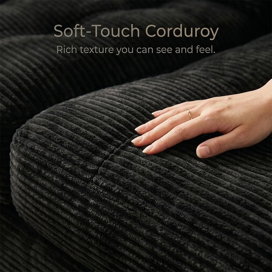 85' Corduroy 3 Seater Sofa in a Box, High-Density Foam Couch, No Assembly Compressed Deep Seat Sofa for Living Room, Bedroom, Apartment, Black | No Assembly Required, Soft Corduroy, HD Foam Comfort, Deep Seat Comfort, Sofa in a Box Setup