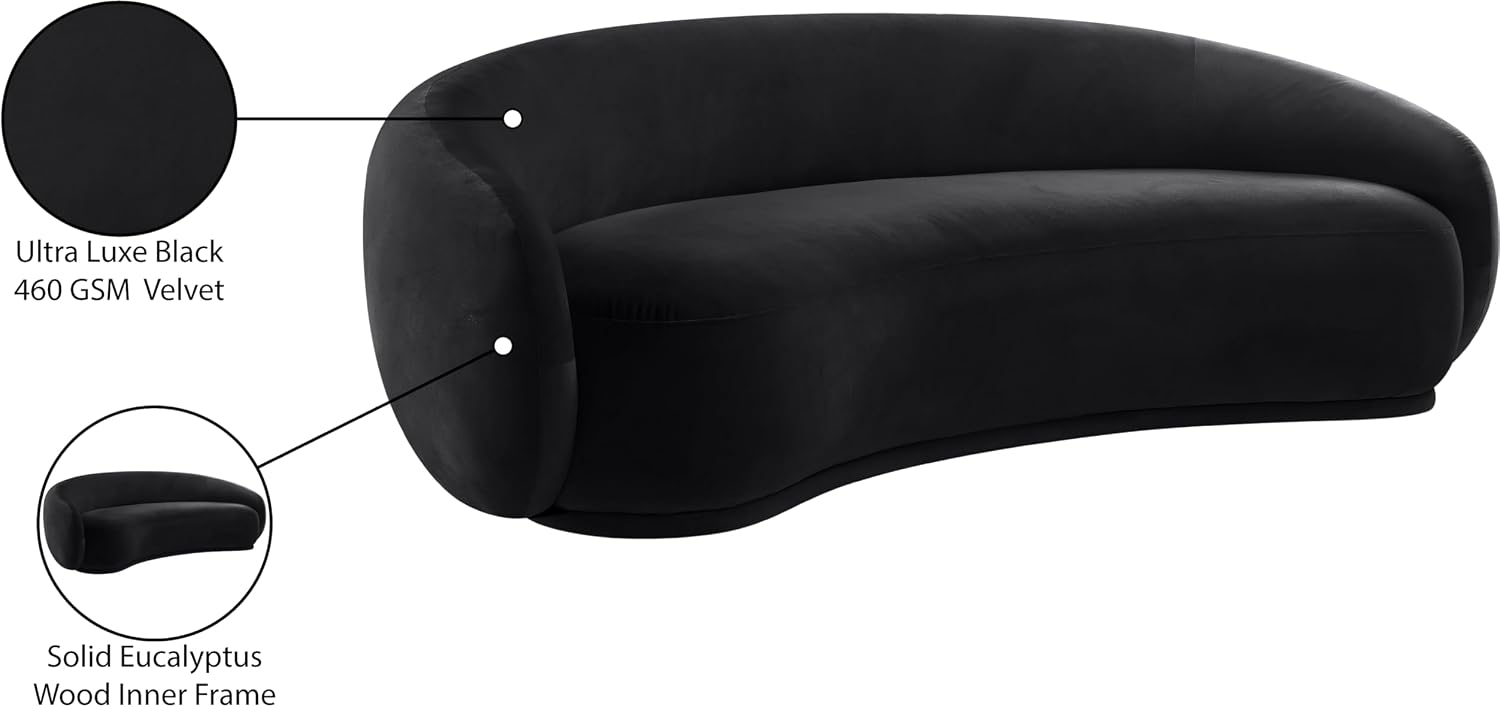 Meridian Furniture 44044Black-S Emery Collection Modern | Contemporary Sofa with Ultra Luxe Black 460 GSM Velvet, Solid Eucalyptus Wood Inner Frame, 95' W x 45.5' D x 31' H, Black