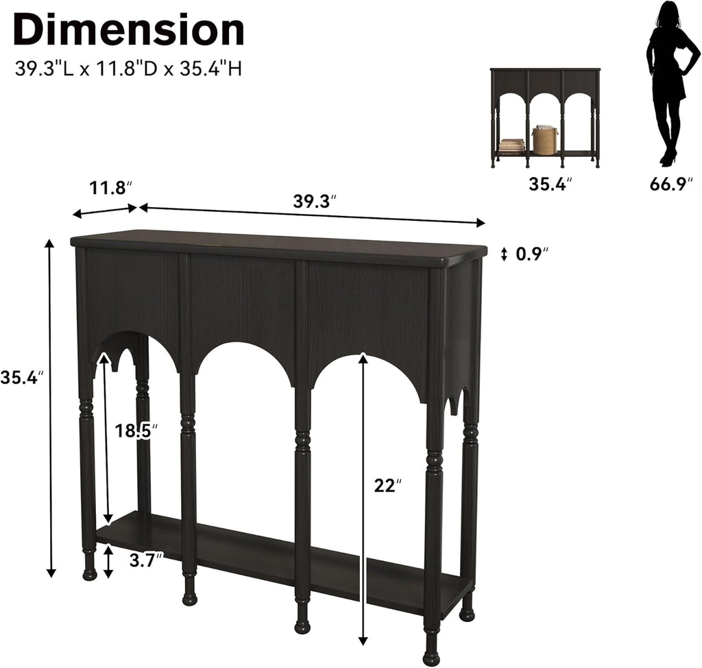 40' Console Table with Storage Shelf, Retro Entryway Table, Wooden Sofa Table with Roman-Style Legs for Living Room, Hallway, Black