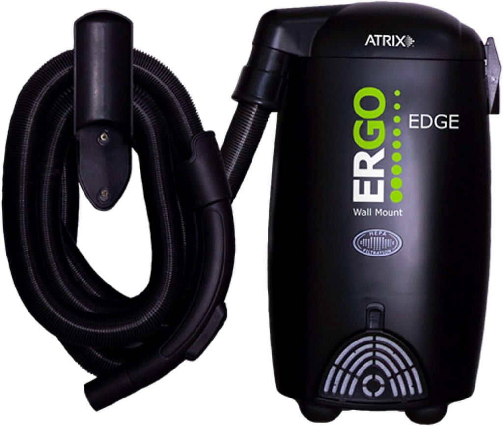 Atrix Ergo Edge Canister Shop Vac-Wall Mounted Garage Vacuum Cleaner with Built-in Dust Bag & Extendable Hose-Compact Black Design, 20 x 9 x 12