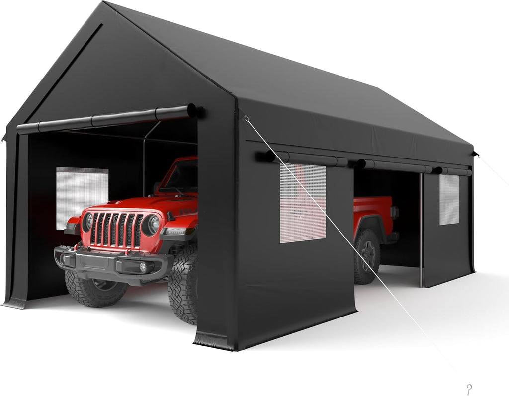 AirWire 12x20 FT Heavy Duty Carport, Portable Car Tent Garage with Roll-Up Windows & Side-Opening Door, Enclosed Car Port Canopy with Reinforced Four-Hole Base for Car, Truck, Boat