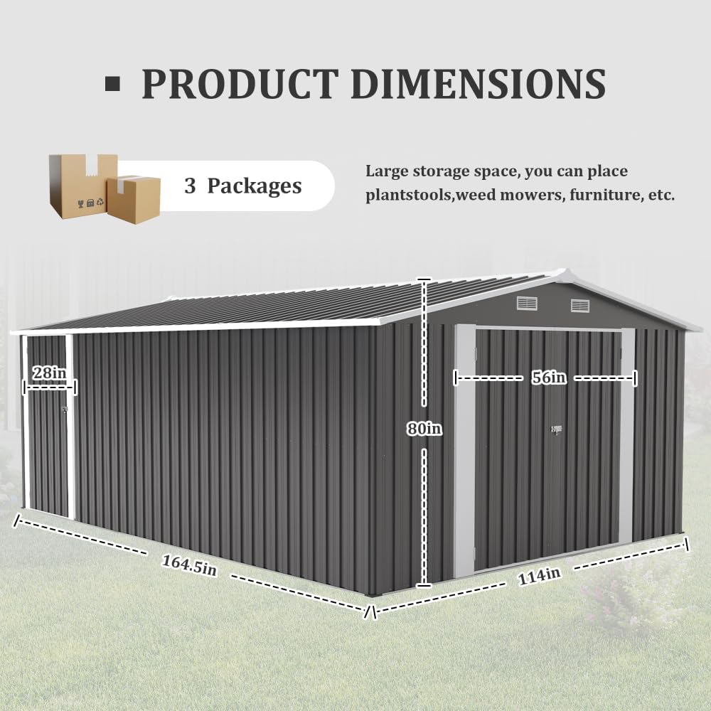 10x14FT Metal Garden Shed - Lockable Outdoor Storage Shed, Heavy-Duty Storage Sheds for Backyard Patio, Sheds & Outdoor Storage (Dark Gray)