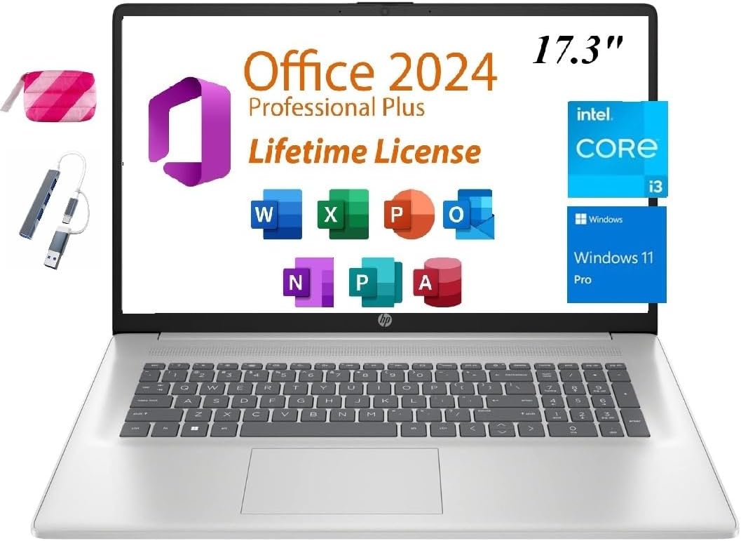 HP 2025 Premium 17 Laptop, 17.3' HD+ Display, Lifetime Office 2024, Intel Core i3-N305 Processor,32GB RAM, 1TB PCIe SSD, Wi-Fi 6, HDMI, Webcam, Windows 11 Pro, Silver