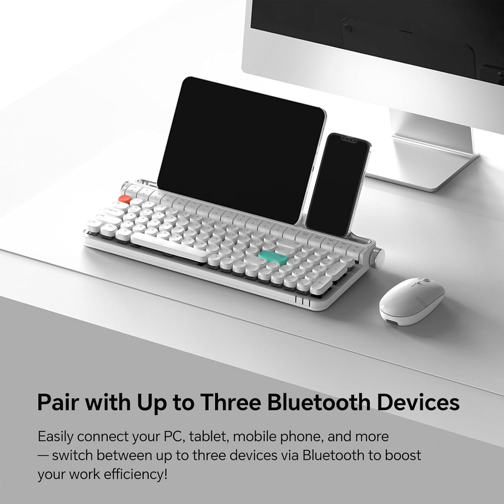 Retro Typewriter Mechanical Keyboard with Tablet Stand, 100 Keys LED Backlit, ABS+PBT Keycaps, Wired/Bluetooth, Blue Switch, Compatible with Windows/Mac/iOS/Android (White)