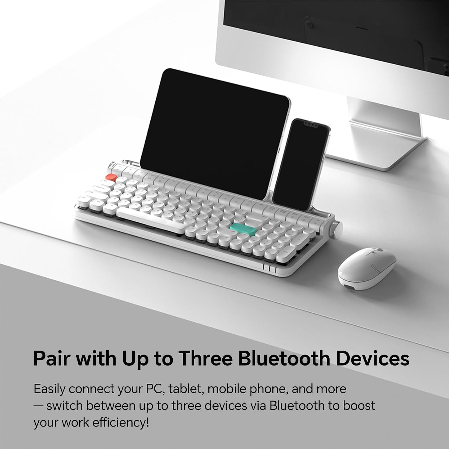 Retro Typewriter Mechanical Keyboard with Tablet Stand, 100 Keys LED Backlit, ABS+PBT Keycaps, Wired/Bluetooth, Blue Switch, Compatible with Windows/Mac/iOS/Android (White)