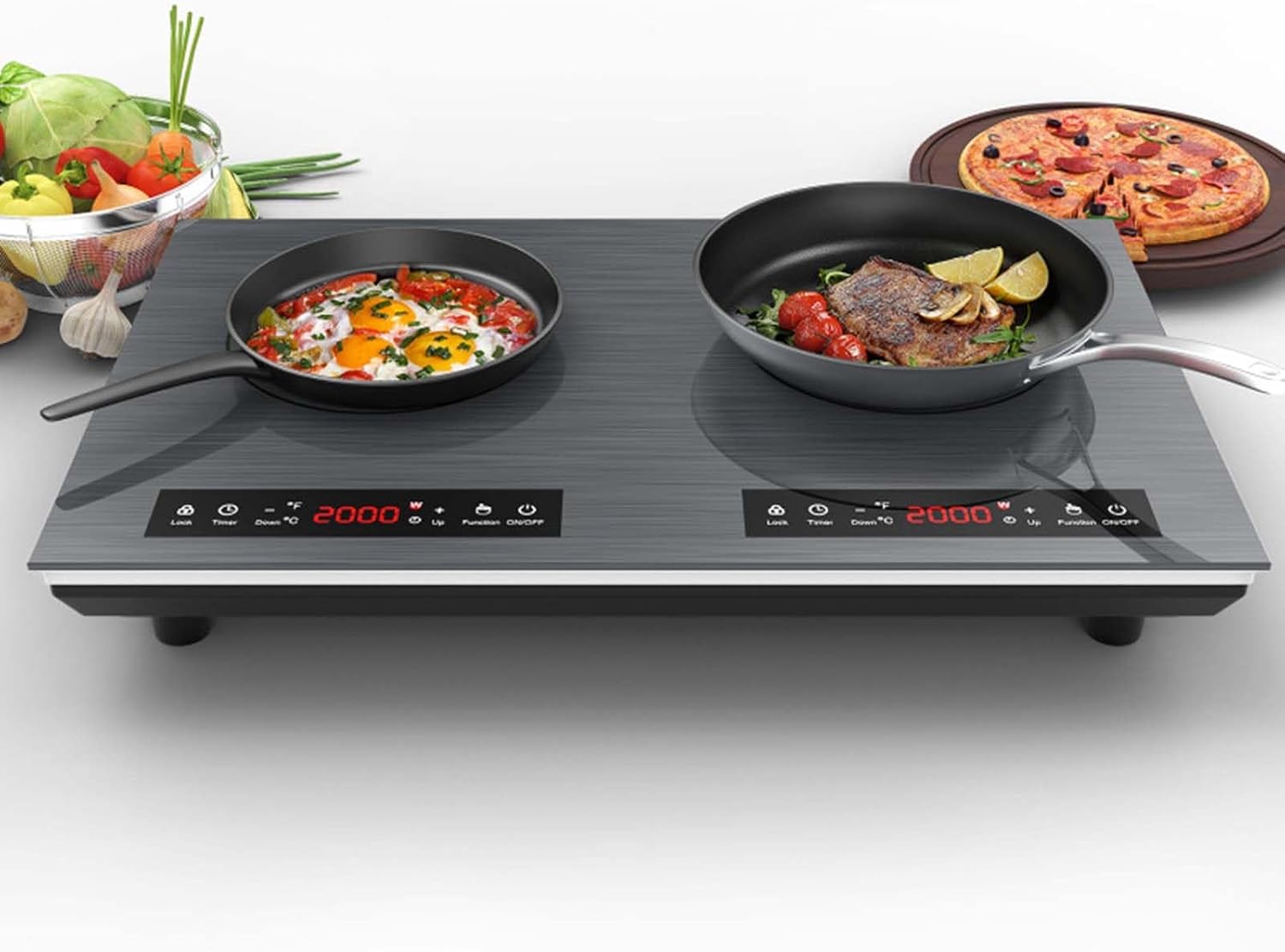 23.6Inch Portable Induction Cooktop with 2 Burners, 9 Power Levels (2000W*2), Timer (1Min-180Mins)/Child Lock-Over-Heat Protection-Sensor Touch